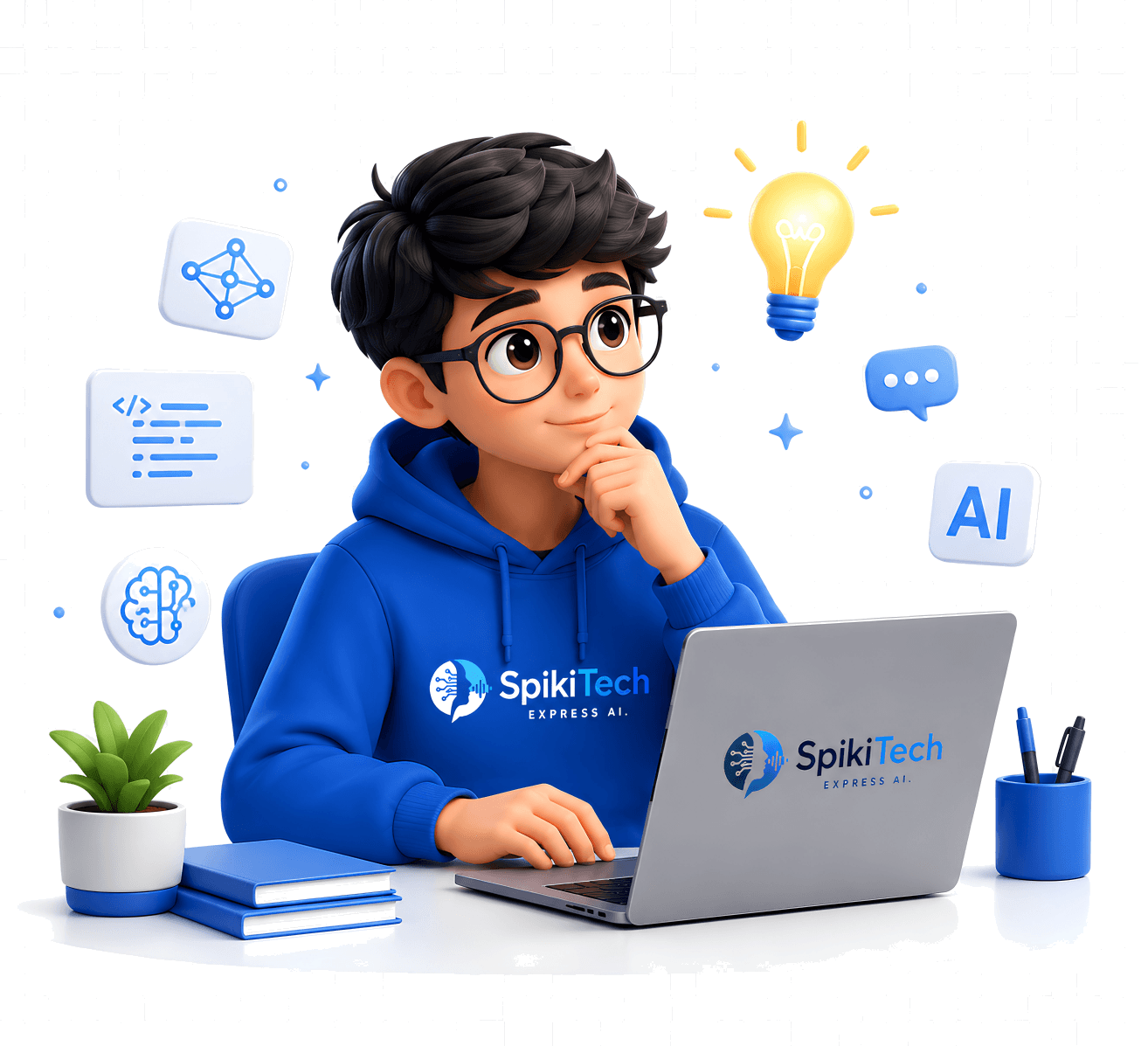 Student thinking at a laptop, exploring AI